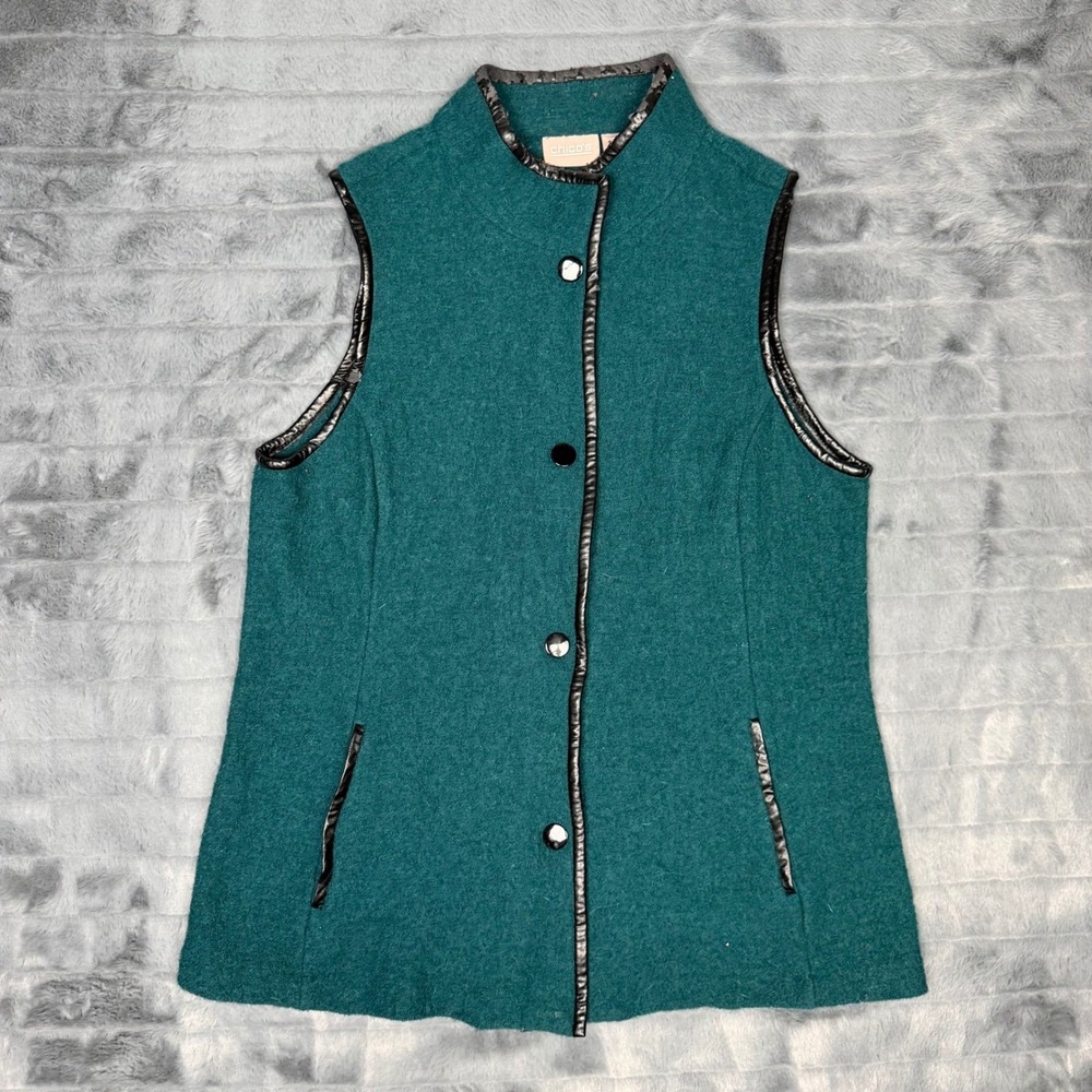 Chicos Womens Teal Green 100% Boiled Wool Vest Faux Leather Trim Size 2 Large